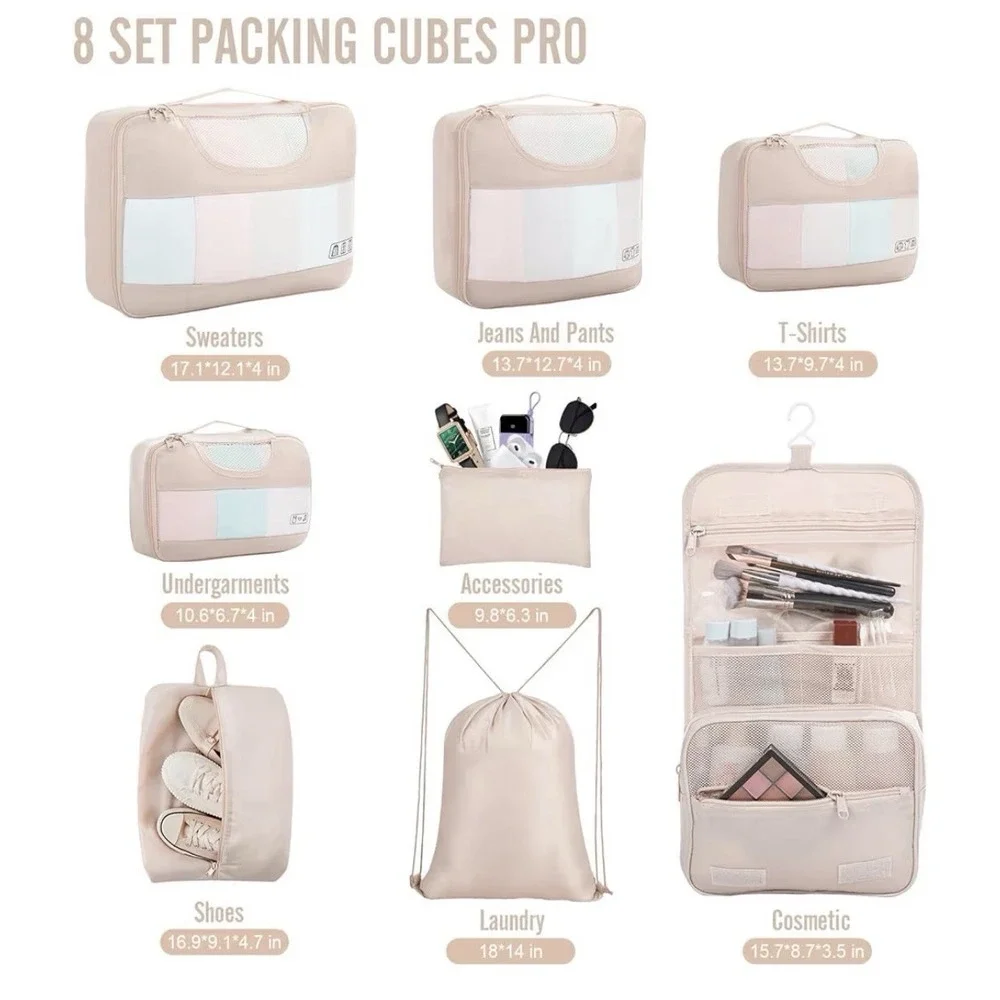 10 Piece Set Packing Cubes for Travel Essentials Suitcase Organizer Bags Cream[K